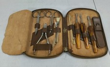 Griffon Unisex Manicure Set OS Brown Leather Vintage German Steel Travel Kit