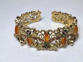 CUFF BRACELET STERLING SILVER 925 CHINA DRAGONFLIES HLMK HINGED STONES GOLD TONE