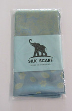 NIP Silk Scarf Taiwan Blue Gold Floral And Leaves 70X21"