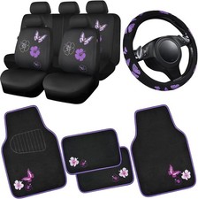 Universal Butterfly Car Seat Covers Front Set Embroidered Black With Purple
