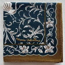 VTG Handkerchief Dark Green Cotton Folklore Floral Flourish Bird Pocket Square
