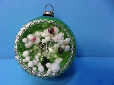 Vintage Japan 3D Diorama Scene Green Mercury Glass Christmas Ornament Beads Foam