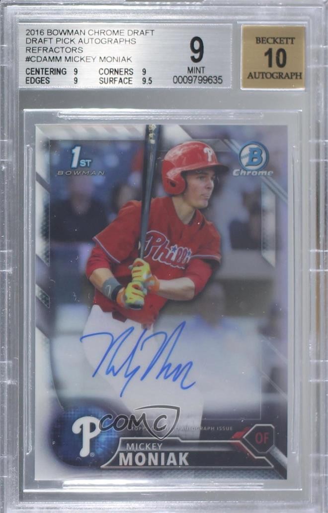 2016 Bowman Draft Chrome Pick Refractor /499 Mickey Moniak BGS 9 MINT Auto 1b0