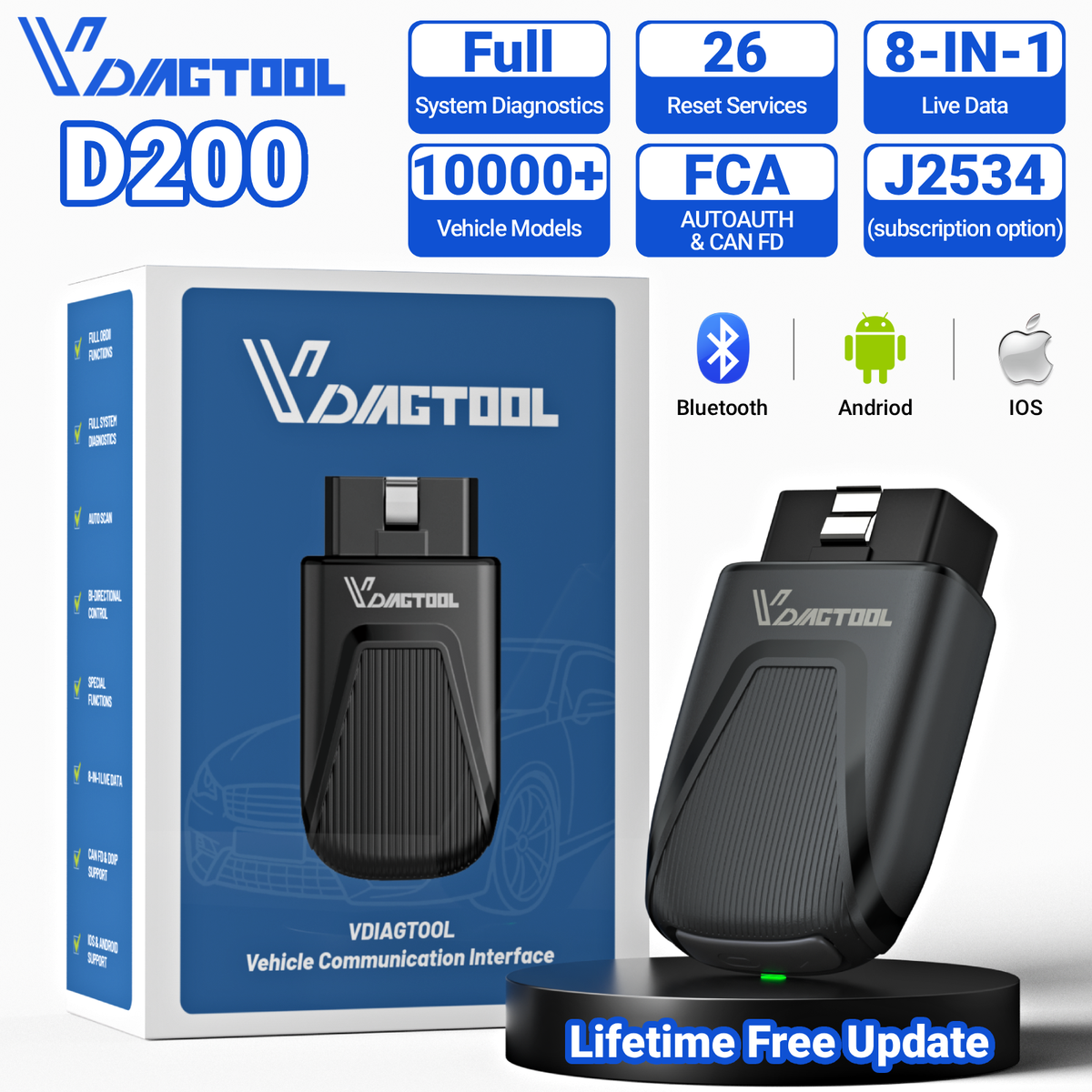 VDIAGTOOL D200 OBD2 Scanner Full System Car Scanner 26+ Resets(Can