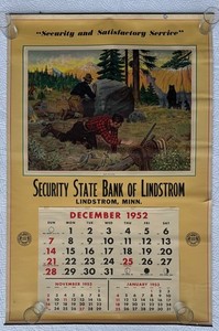 1952 Lindstrom MN Bank Calendar Bear Watching Large 43.5x28 Northwoods Art