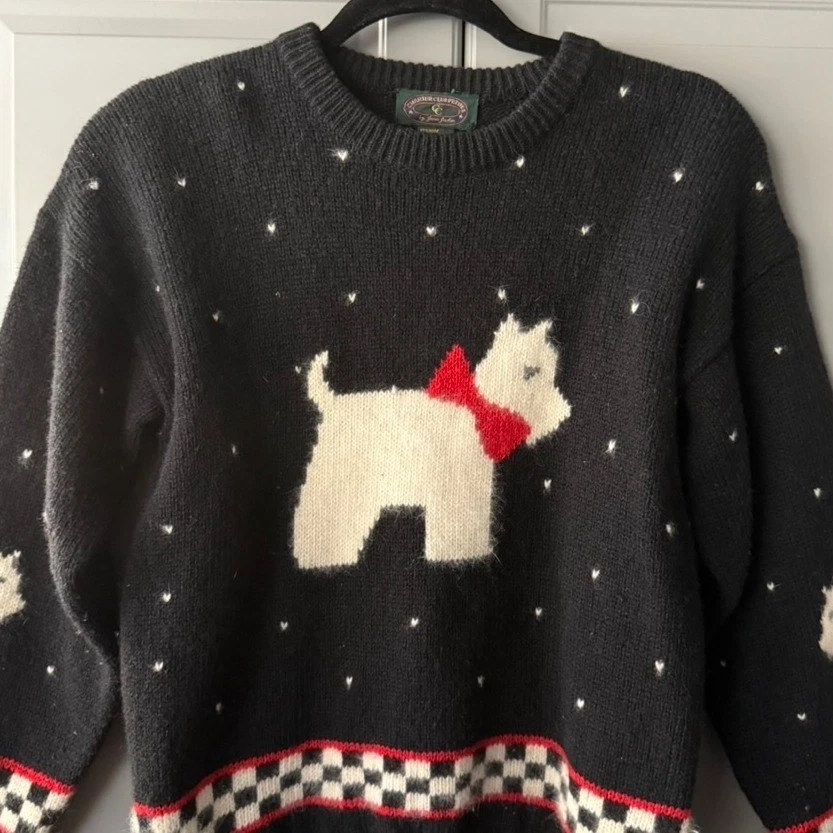 Suéter tejido Charter Club para mujer vintage de lana Fair Isle Scottie perro, negro rojo, M Foto 3 de 4