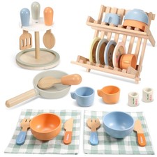 Wooden Play Cookware Set, Pretend Play Kitchen Accessories Toys Set for Kids ...