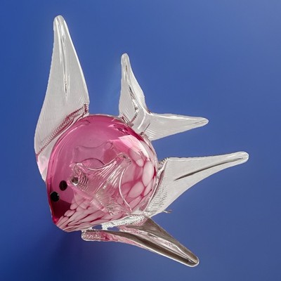 CHRIBSKA GLASSWORKS PINK/WHITE/CLEAR BLOWN ART GLASS ANGEL FISH SCULPTURE 8.5  T