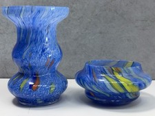 Vintage Lavorazione Arte Murano Lot Swirled Hand Blown Blue Glass Vase And Bowl