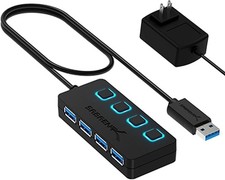 4-Port USB 3.0 Hub with Individual LED Power Switches 5V/2.5A Adapter