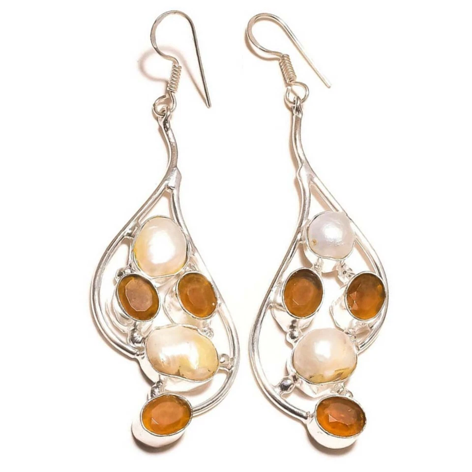 Pendientes colgantes hechos a mano con superposición de plata de piedras preciosas de perlas Biwa de ágata amarilla Foto 2 de 3