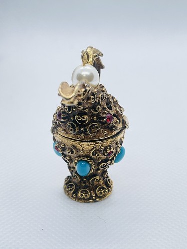 Florenza Ornate Golden Ewer Turquoise Cabochon Red Rhinestone Locket Pendant - Picture 4 of 7