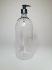 Empty 1 Litre PET Plastic Clear Boston Bottles & Black Lotion Pump *Any Amount*