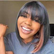 ToyoTress Human Hair Bob Wigs With Bangs - 10 Inch Black Mix Brown Short Bob Wig