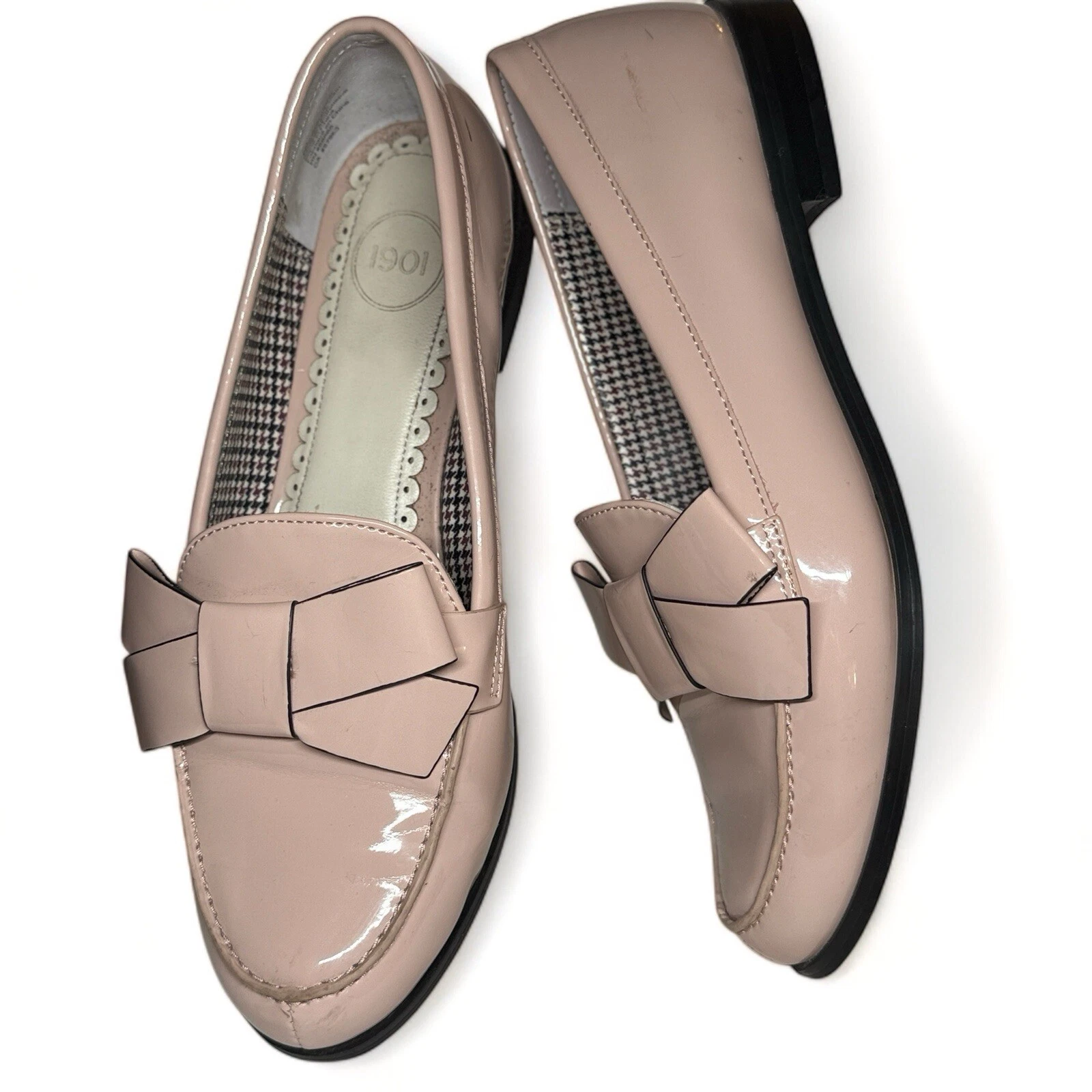 NEW 1901 Shoes Women’s Sz 8 Pink Patent Flat Slip On Asreenie Lace Bow Tie EUC