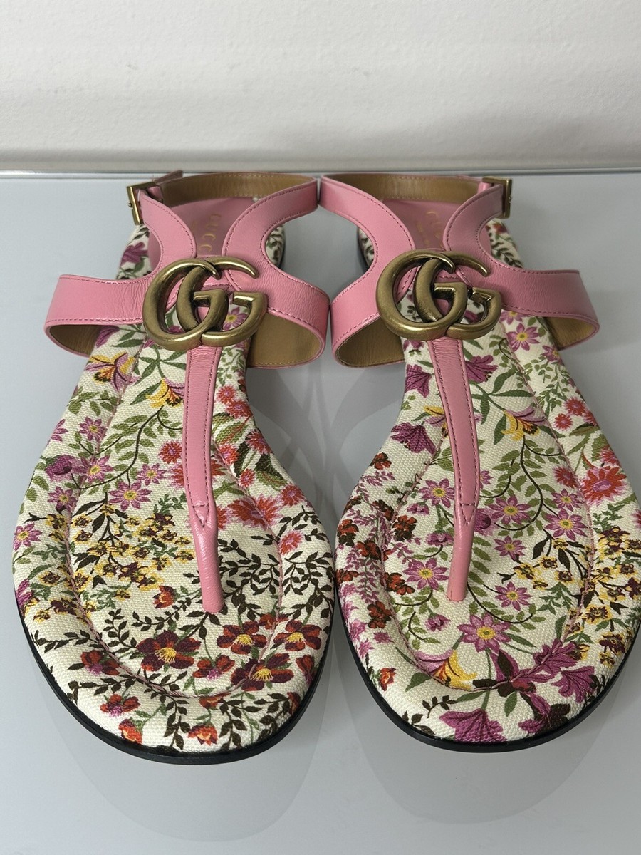 Gucci Pink Butterfly Leather Double G Marmont Sandals 40.5