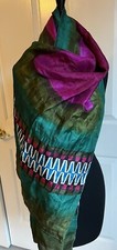 Fabindia Silk Scarf India Hand Block Printing 21" x 64  Teal Fuchsia Black White