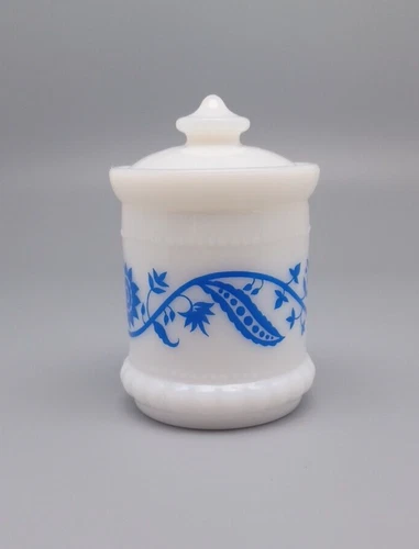 Vintage Hazel Atlas Milk Glass Jar Container with Lid Blue Floral Design