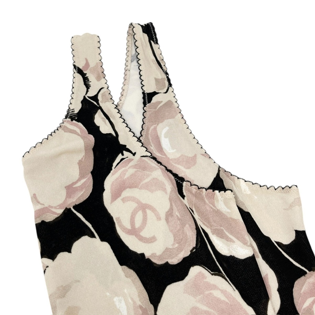 CHANEL Vintage 04A CC Camellia Logo Tank Top #38 Black Beige Pink