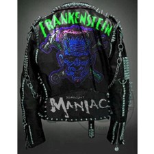 Handmade Studded Leather Jacket Frankenstein Gothic, Evil Dead Maniac Patch