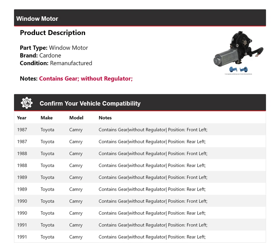 Para Toyota Camry 1987-1991 ventana motor cardone 1988 1989 1990 Foto 2 de 4