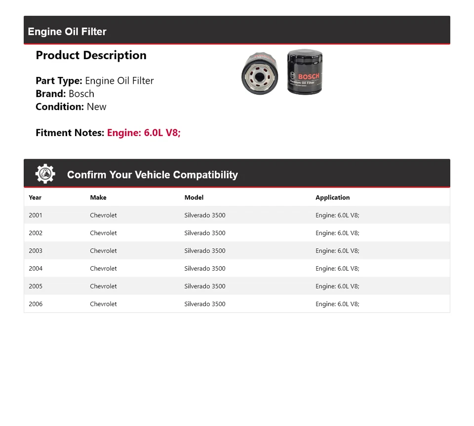 Filtro de aceite Bosch Premium 2002 para Chevrolet Silverado 3500 2001-2006 6,0 L V8 Foto 2 de 3