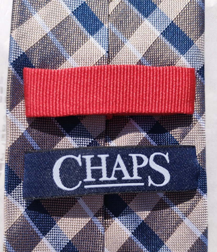 Corbata de cuello a cuadros Chaps ~ azul, gris, blanco, marrón? ~ Hecho a mano 100% seda Foto 2 de 4