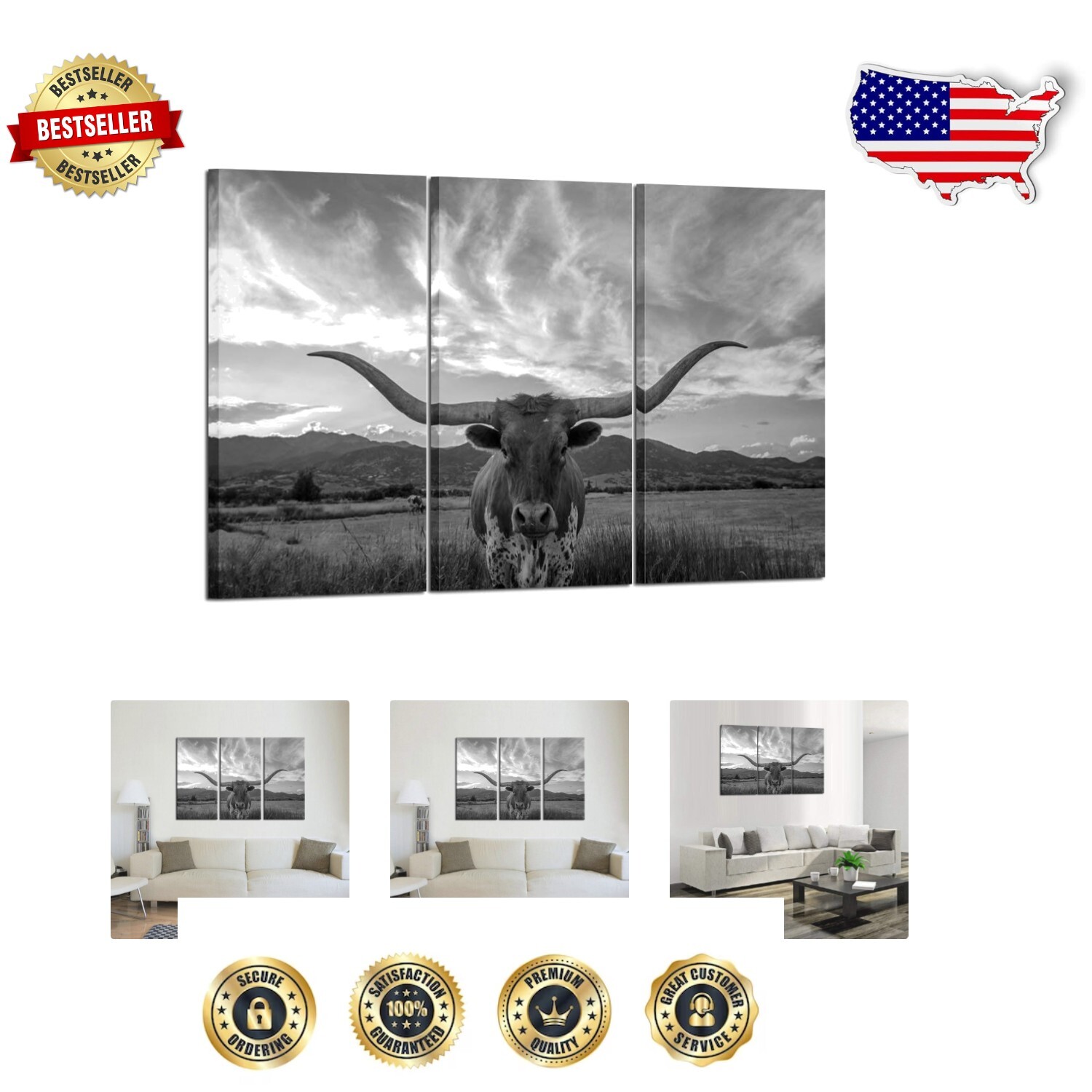 Durable Texas Animal Canvas Art - Large 16x32 Inch Prints for Décor Enhancement