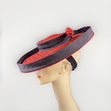 Vintage 40s Straw Hat Tilt Raffia Pin Betty Co Ed Red Navy Saucer 30s Antique