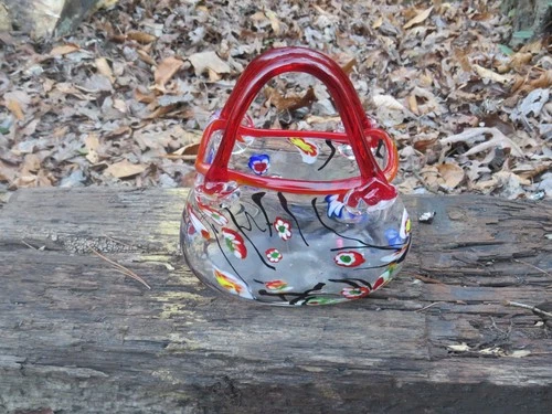 Vintage Art Glass Purse Vase Millefiori Murano Style Hand Blown Crystal