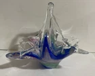 Murano Venetian Glassware Crystal Clear, Pink, Blue, Green Cased Glass Basket 7"