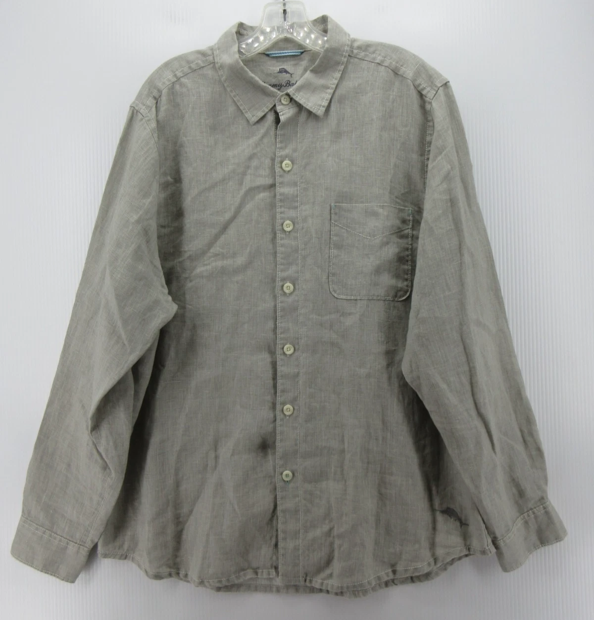 Tommy Bahama Shirt Men Large Gray Linen Button Up Marlin Summer Beach Resortwear