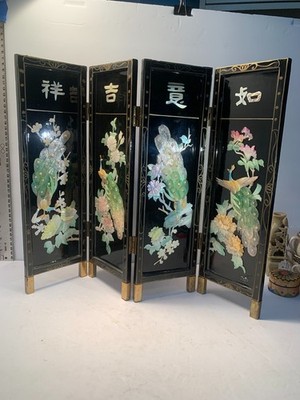 Small black laquer folding screen,Peacock, floral, Asian Theme