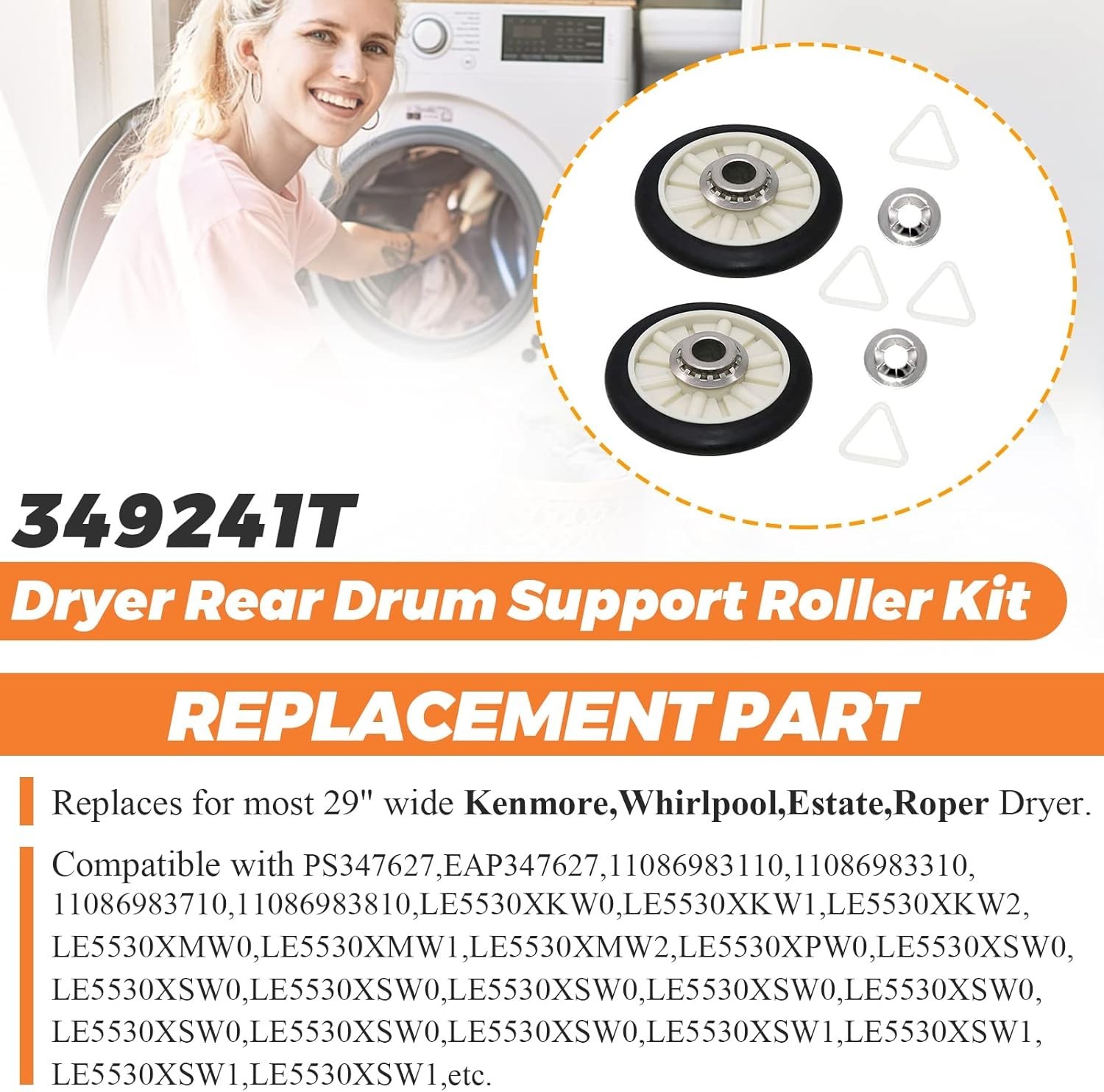 Dryer Rear Drum Support Roller Kit by - Replacement for most 29" wide Ken-mor...