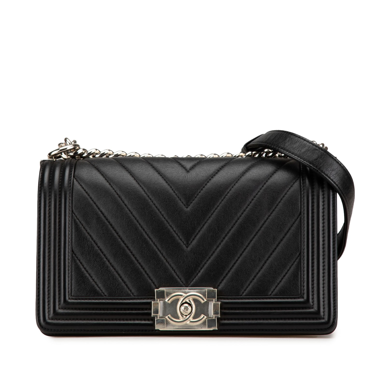 Chanel Old Medium Chevron Calfskin Boy Bag Black