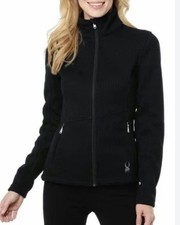 Spyder Core Sweater Black Zip Up Jacket size Large Silver Zips Embroidered Logo