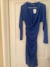 Forever 21 Blue Knit Ruched Bodycon Dress V-Neck Long Sleeve Short Size M