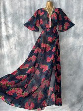 New ZARA TRAFALUC Navy Floral Chiffon Maxi Holiday Beach Dress Kaftan Size 10 UK