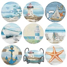 8 Pcs Beach Diamond Art Coasters with Holder DIY Gem Painting Kit for Adults
