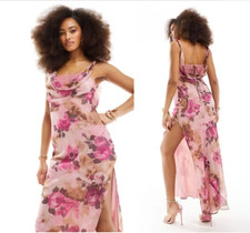 ASOS (10) Rose Floral Chiffon Maxi Dress Cowl Neck Thigh Slit Pink Lace Up Back