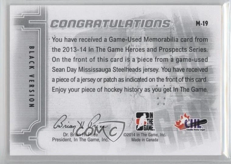 2013-14 ITG Heroes and Prospects Game-Used Black Patch /30 Sean Day #M-19 Patch - Image 2 of 2