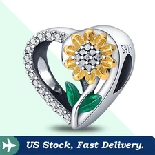 KUNSIR 925 SterlingSilver Charm for Bracelet Sunflower Heart Bead Charm DIY Gift