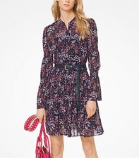 Michael Kors Georgette Shirt Dress Size XXS Navy Blue Floral Pleated Cheer Party
