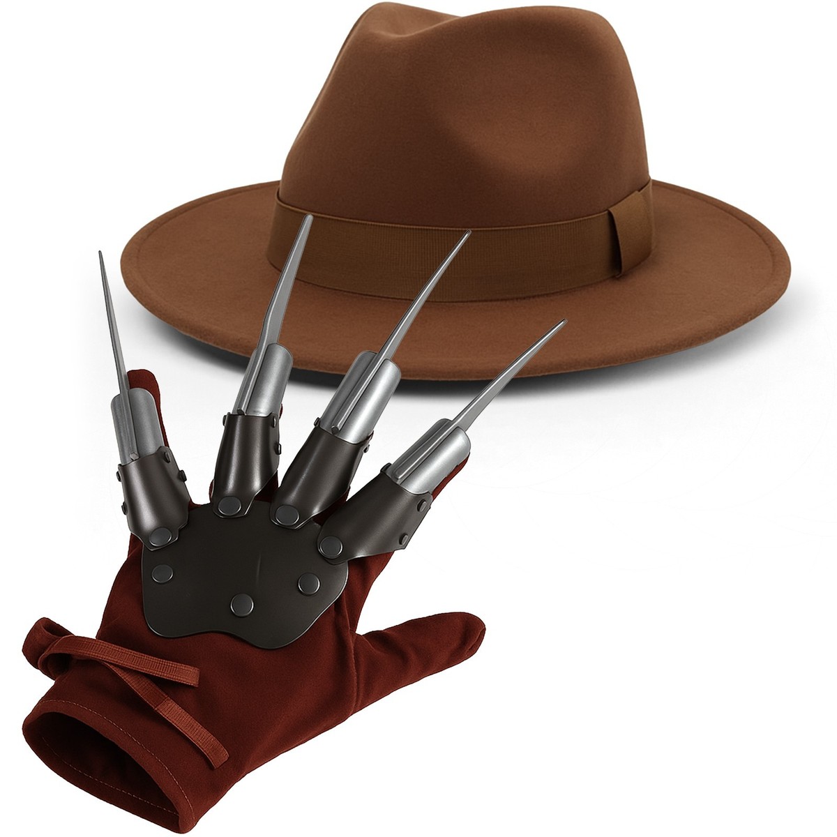 Adult Freddy Krueger Costume Set Fedora Hat Claw Glove Scary