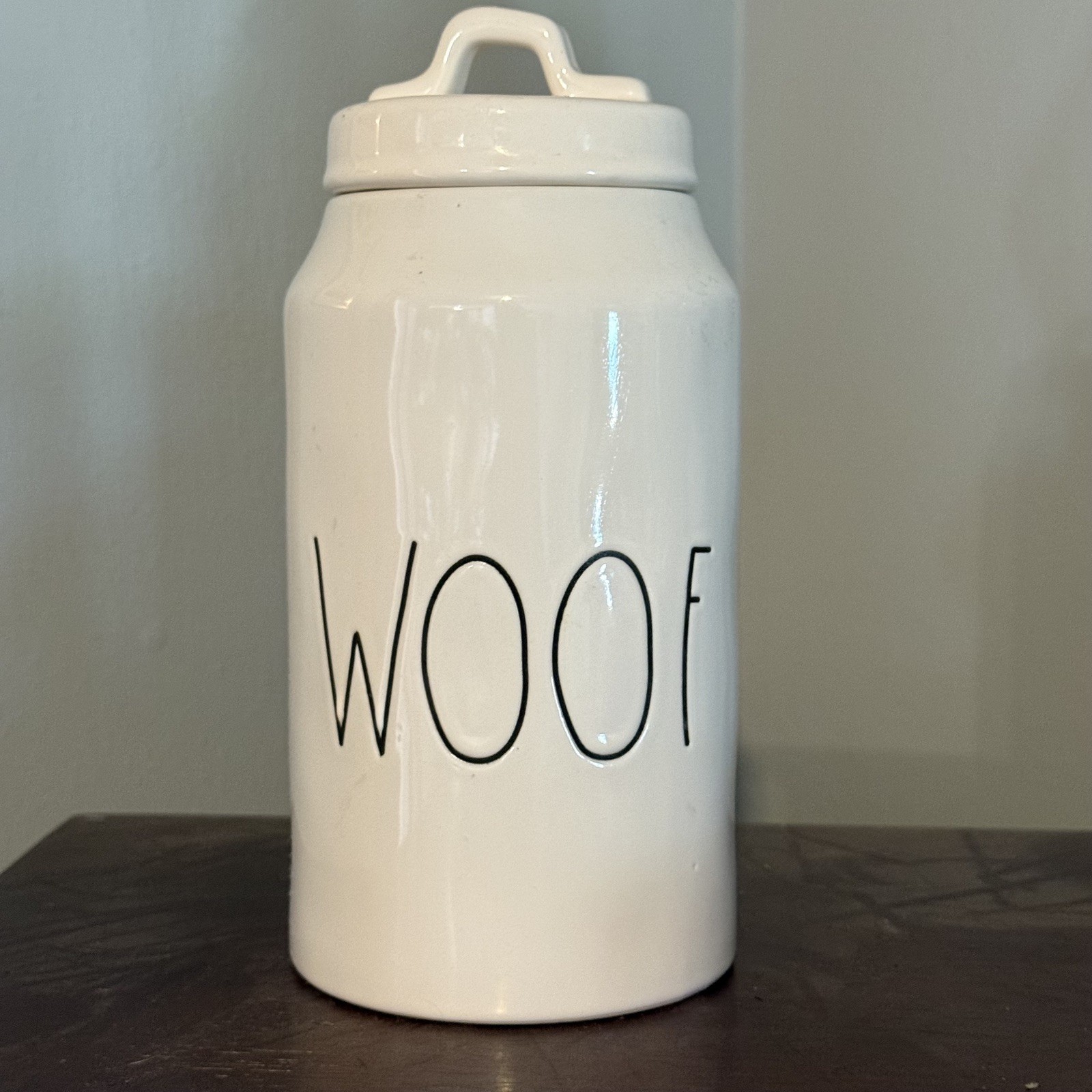 Rae Dunn WOOF Dimpled White Ceramic Canister Pet Treat Jar Dog 10&rdquo; Tall