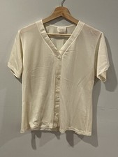 Vintage Sears Carriage Court Pajama Shirt Ivory Nylon Button Up Size XS USA Made