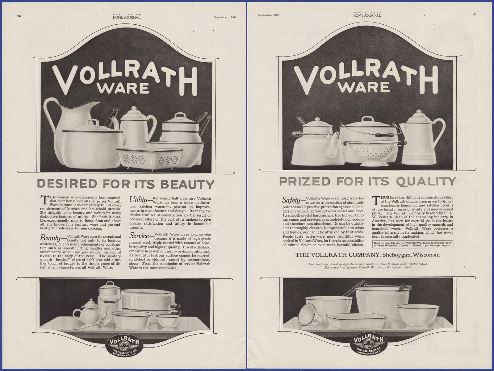 Vintage 1920 VOLLRATH Ware Enamel Dishes Pots Pans Kitchen Décor 20's Print Ad