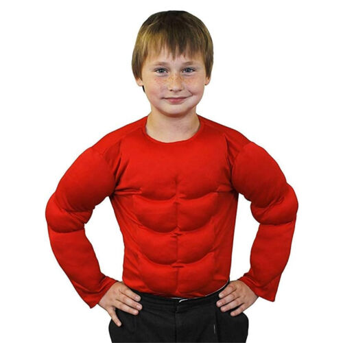 RED CHILDS FAKE MUSCLE CHEST PADDED SHIRT TOP KIDS FANCY DRESS SUPERHERO - Picture 1 of 5