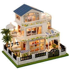  DIY Wooden Dollhouse Kit with LED Light Miniature Furniture Building Decor Gift