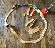 Wooden Train Set Lot Miscellaneous Brands And Types , Bridge, Crane Used 31 Pc.
